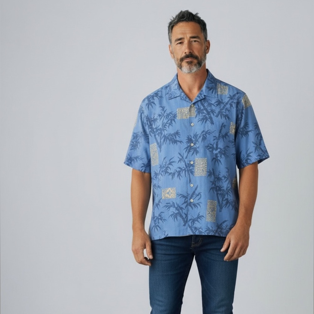 Reyn Spooner Men's Vintage Hawaiian Print‎ Polo Shirt in Blue Large